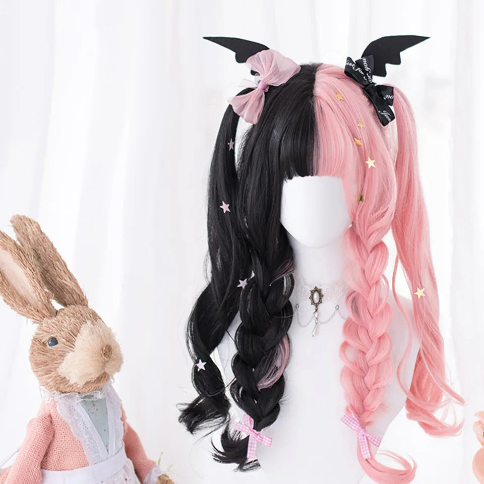 Parrucca Bicolore Rosa e Nera, Stile Harajuku Cosplay