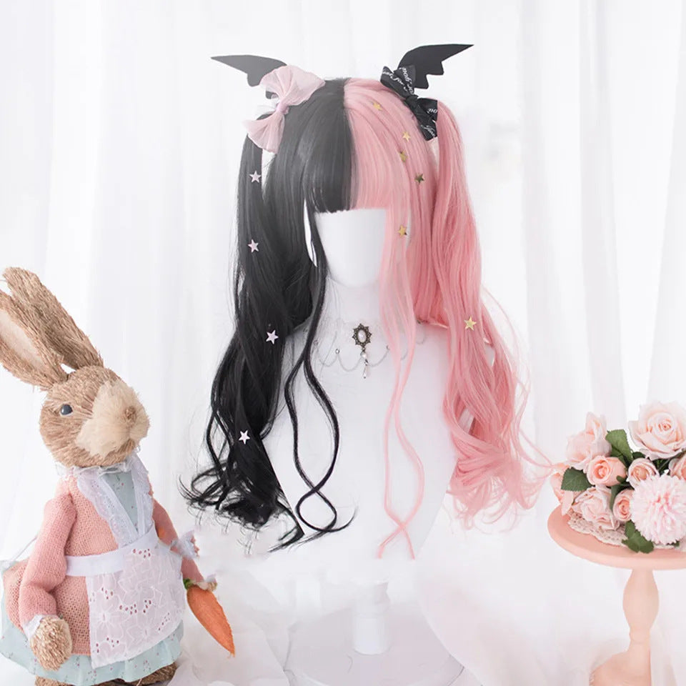 Parrucca Bicolore Rosa e Nera, Stile Harajuku Cosplay