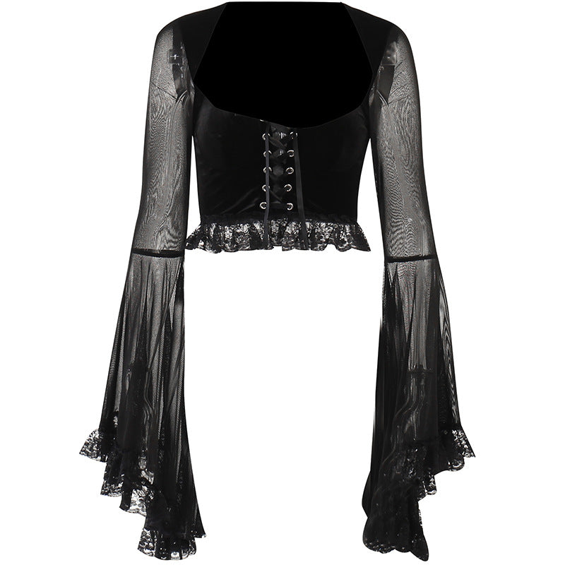 Top Goth Velvet Maniche a Campana in Pizzo Nero
