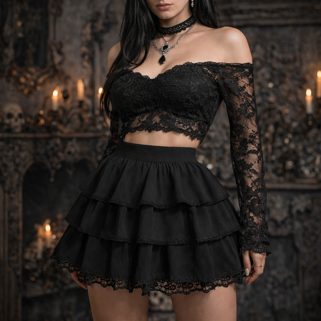 Gonna Mini Nera a Balze con Pizzo