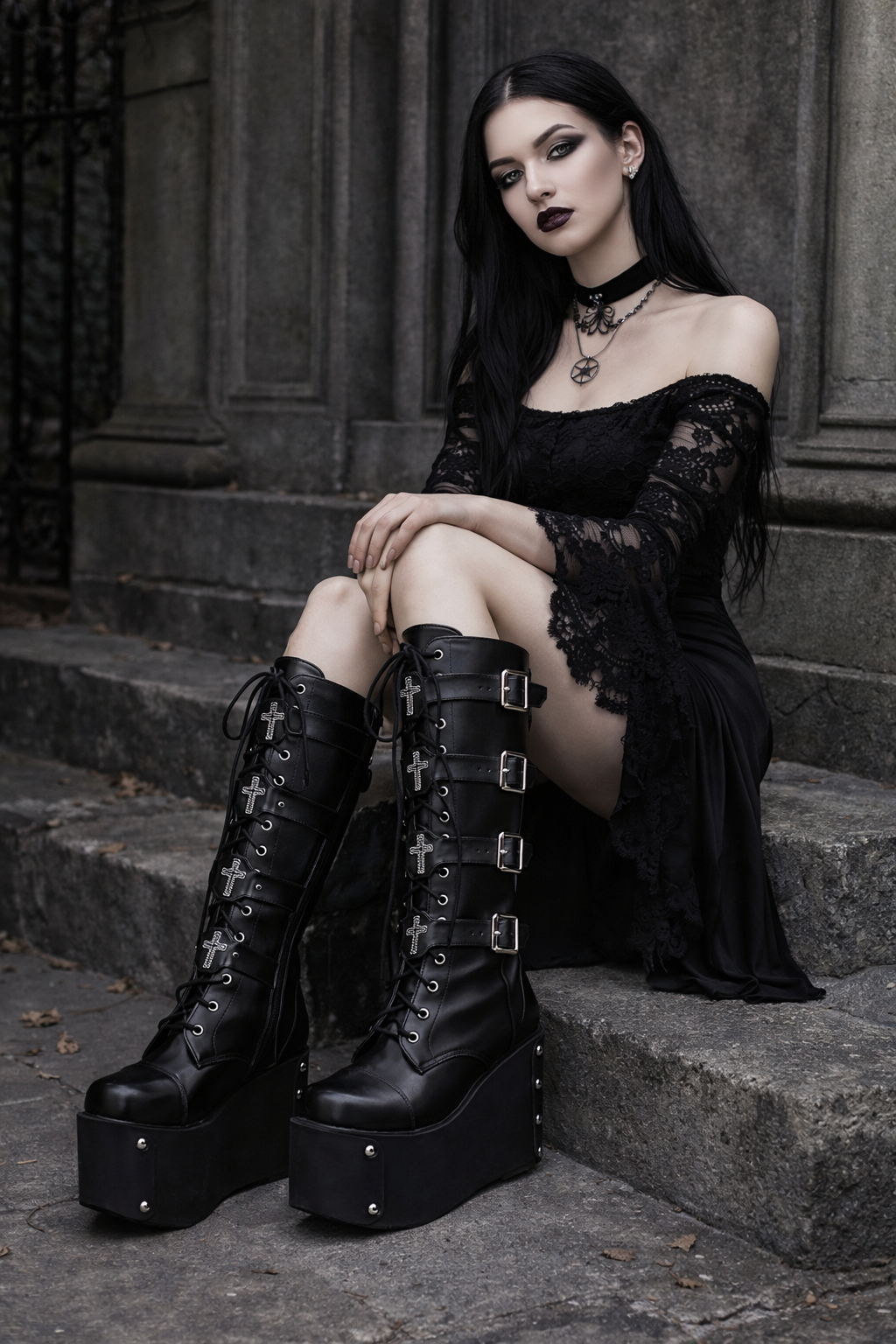 Stivali Platform Gothici Neri con Lacci, Fibbie e Croci