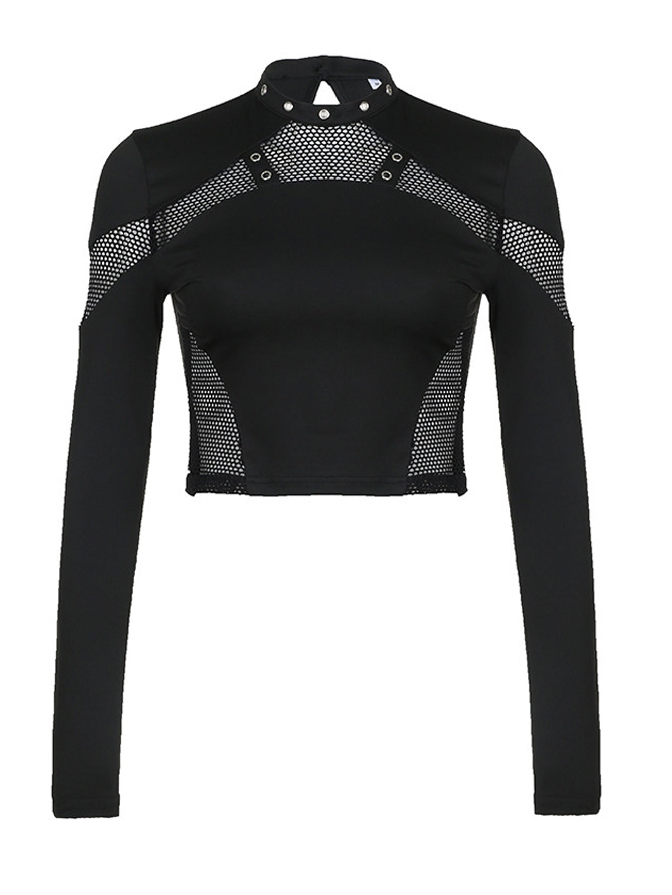 Crop Top Nero a Maniche Lunghe con Inserti in Rete