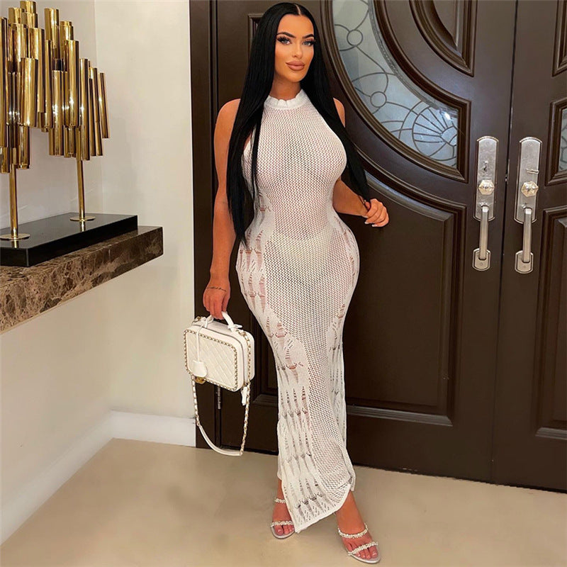 Abito Lungo Nero in Rete Trasparente Senza Maniche