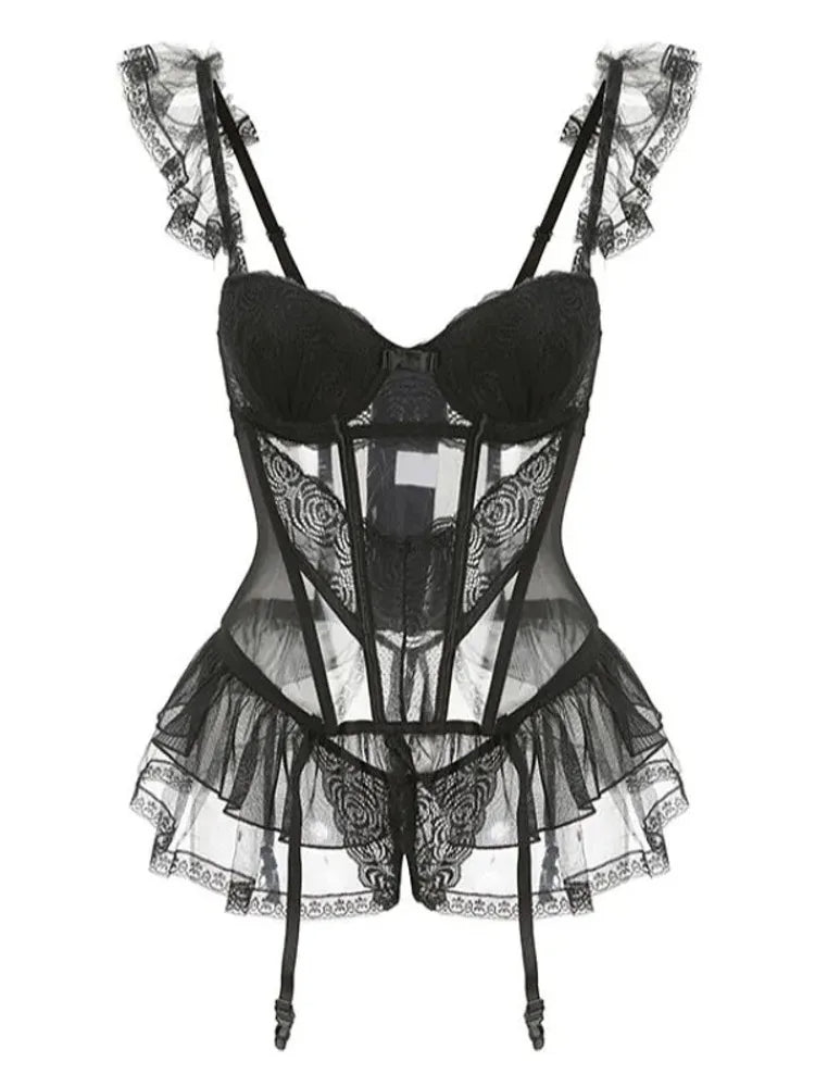 Corsetto Nero in Pizzo Con Trasparenze