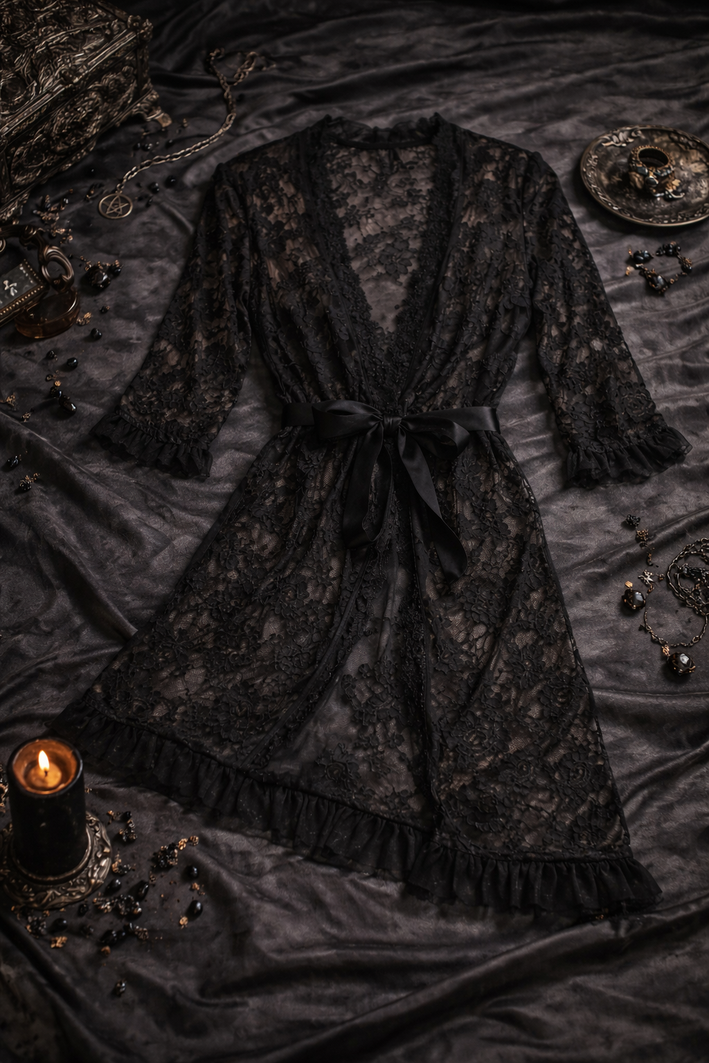 Kimono in Pizzo Nero Trasparente Con Cintura in Vita